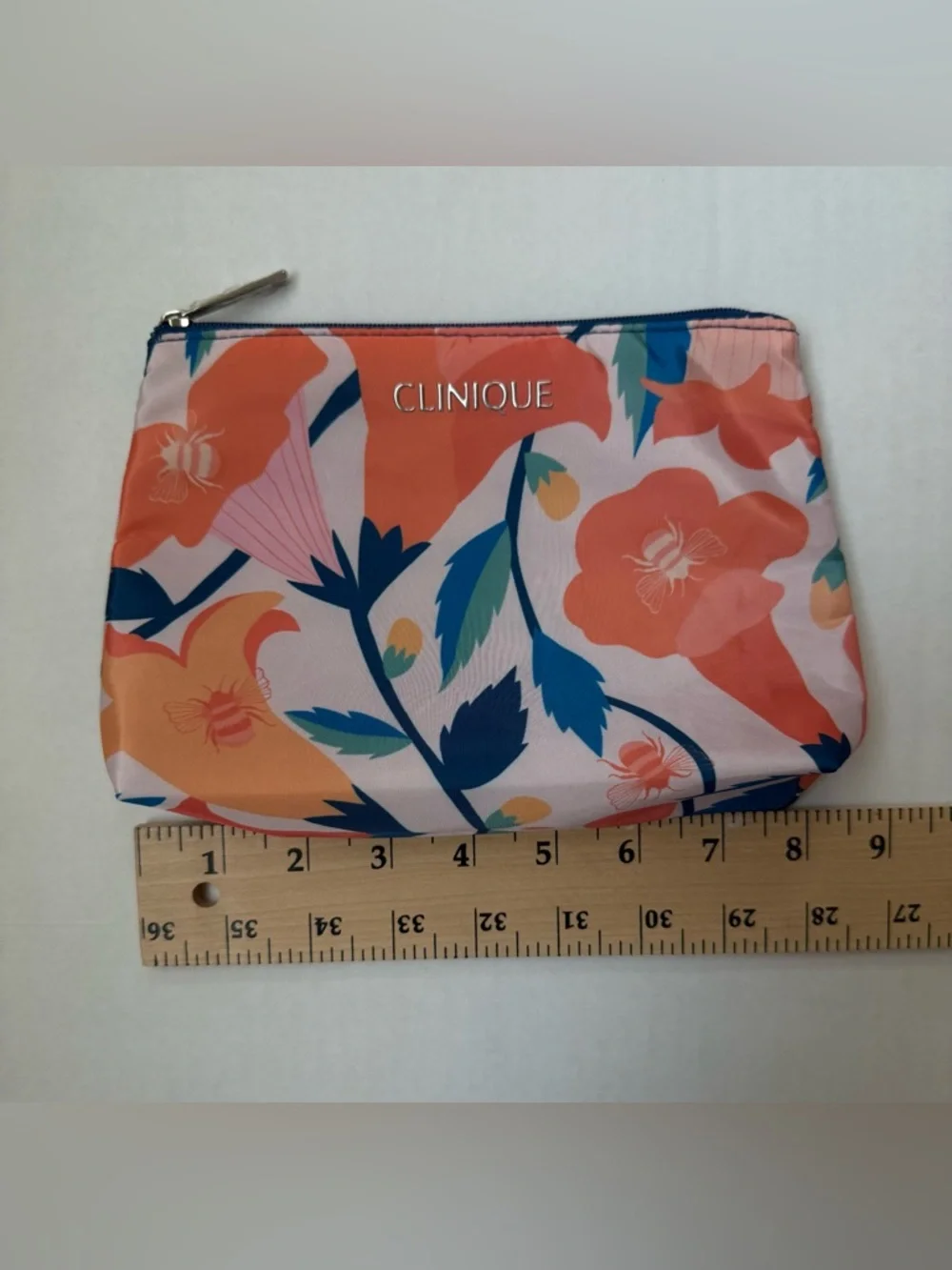 Clinique Zip Top Cosmetic Bag Floral Orange Pink Blue Print